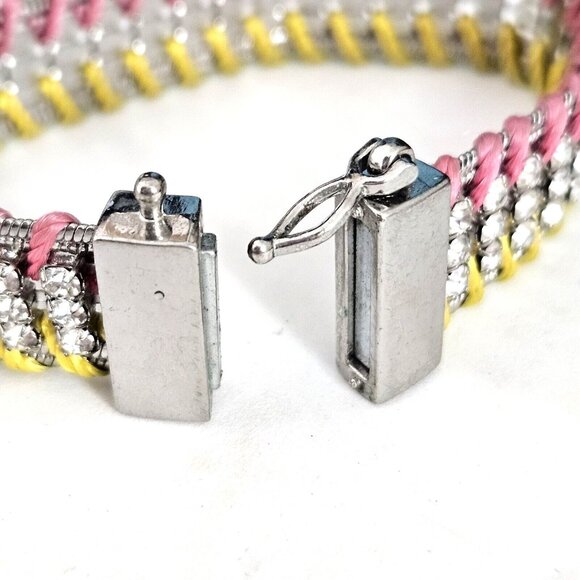 Ann Taylor Loft Silver Tone Barbie Pink & Yellow Rhinestone Inlay Bracelet - Picture 4 of 4